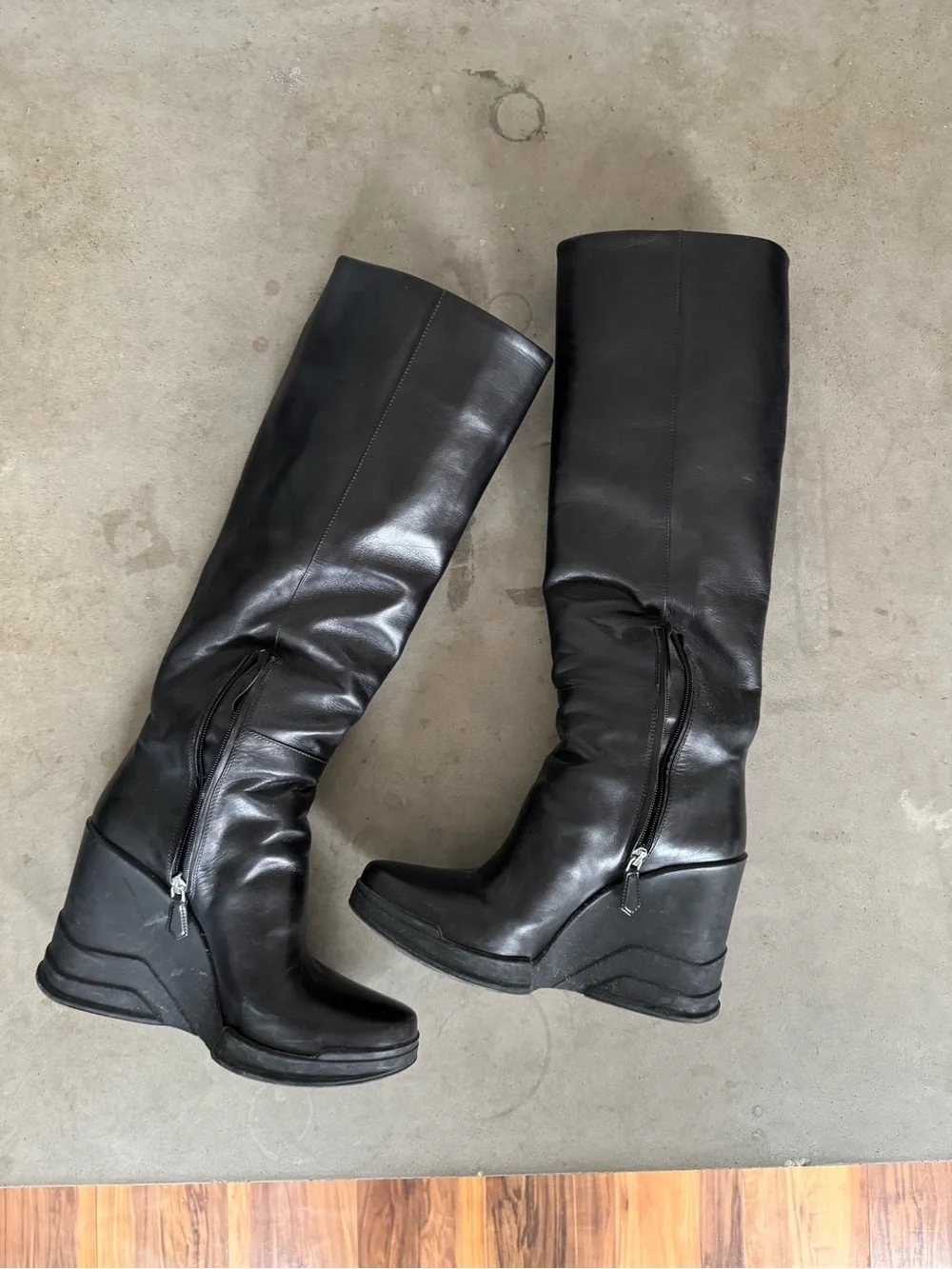 Prada Black Tall Leather Wedge Boots